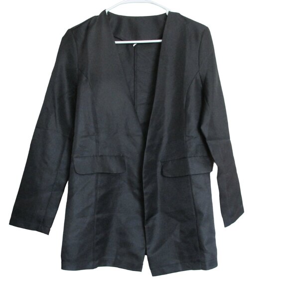 Open Front Blazer Jacket Womens Size 7 Black Fake Front Pocket Long Sleeve Coat - Picture 1 of 6